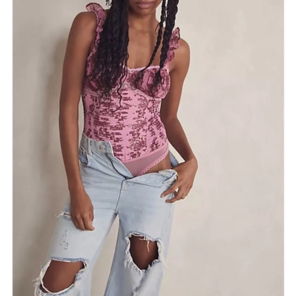 Free People Pink Floral Lace Corset Bodysuit